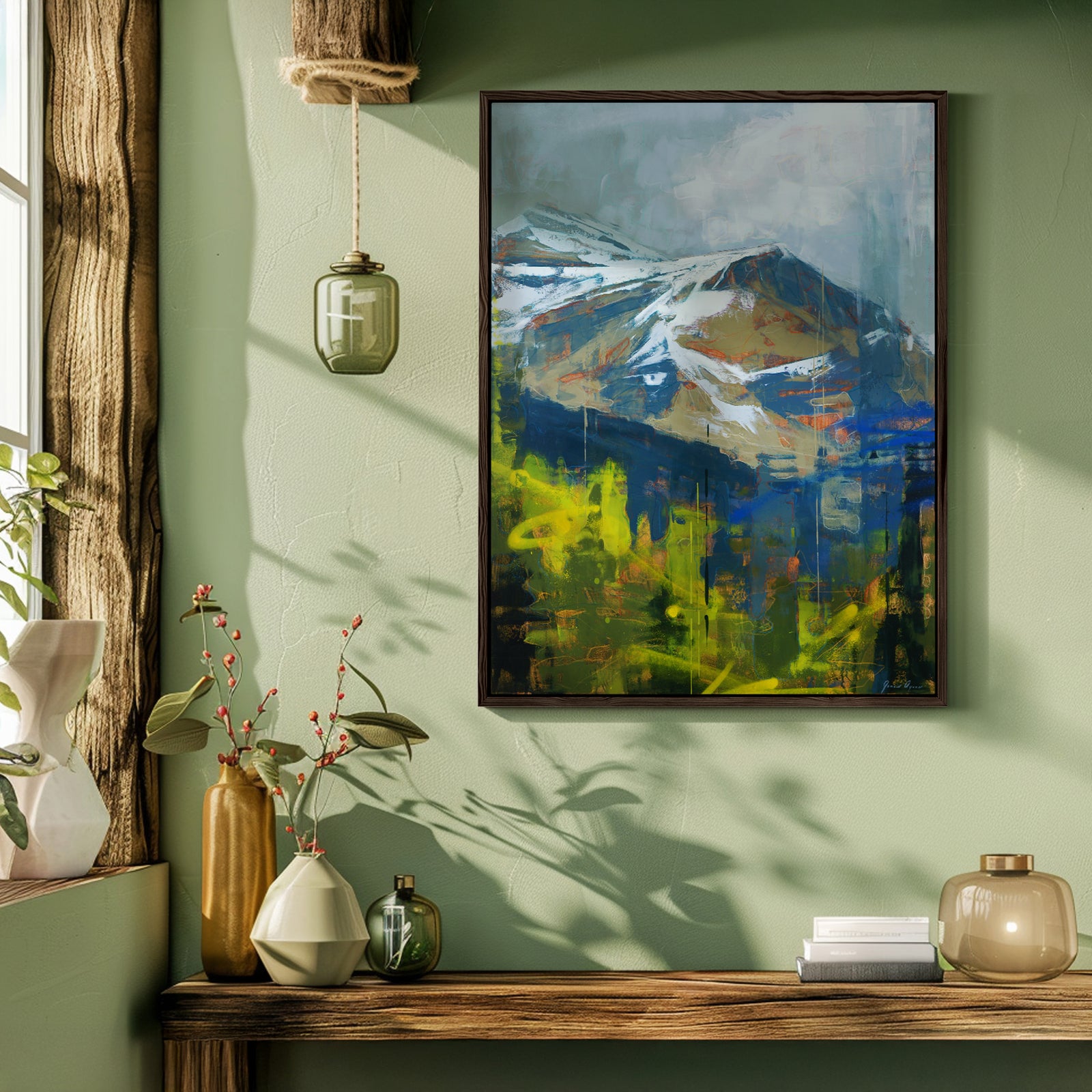 "Ascending Interplay" by James Ayers, an abstract mountain painting with bold colors and snow-capped peaks.