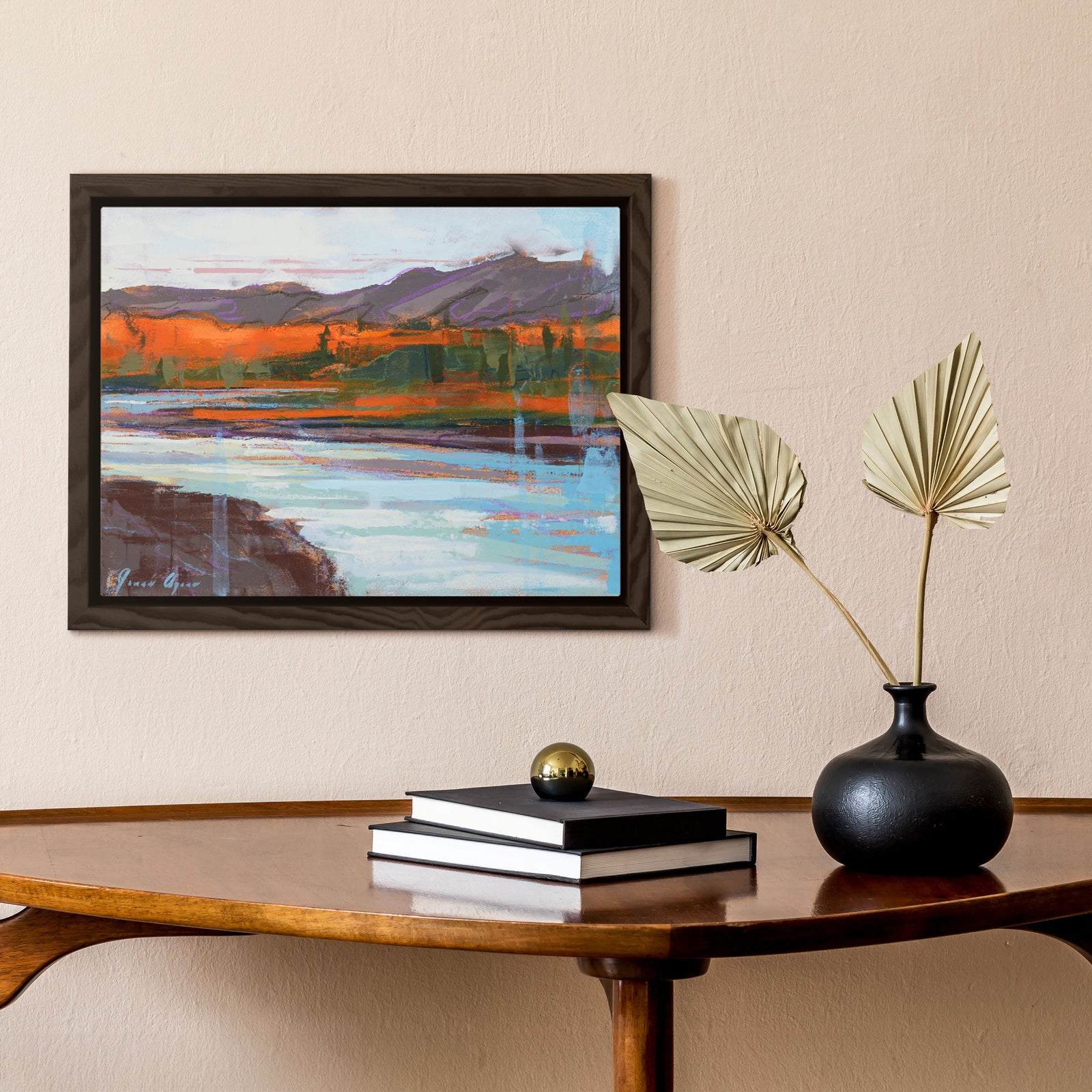 "Adorned with Autumn" by James Ayers, a 9x12” abstract river painting capturing the vibrant fall colors of New Mexico with bold textures in oil, spray paint, and crayon.