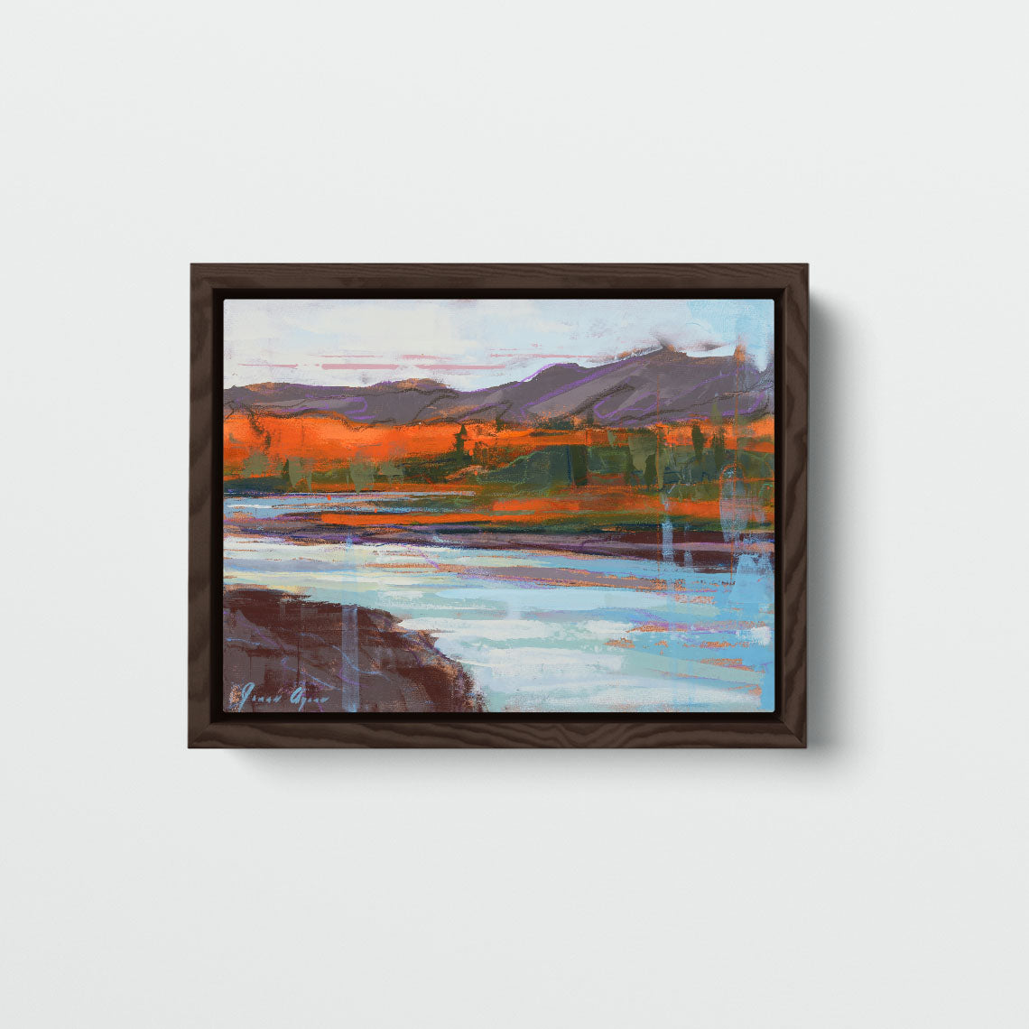 "Adorned with Autumn" by James Ayers, a 9x12” abstract river painting capturing the vibrant fall colors of New Mexico with bold textures in oil, spray paint, and crayon.
