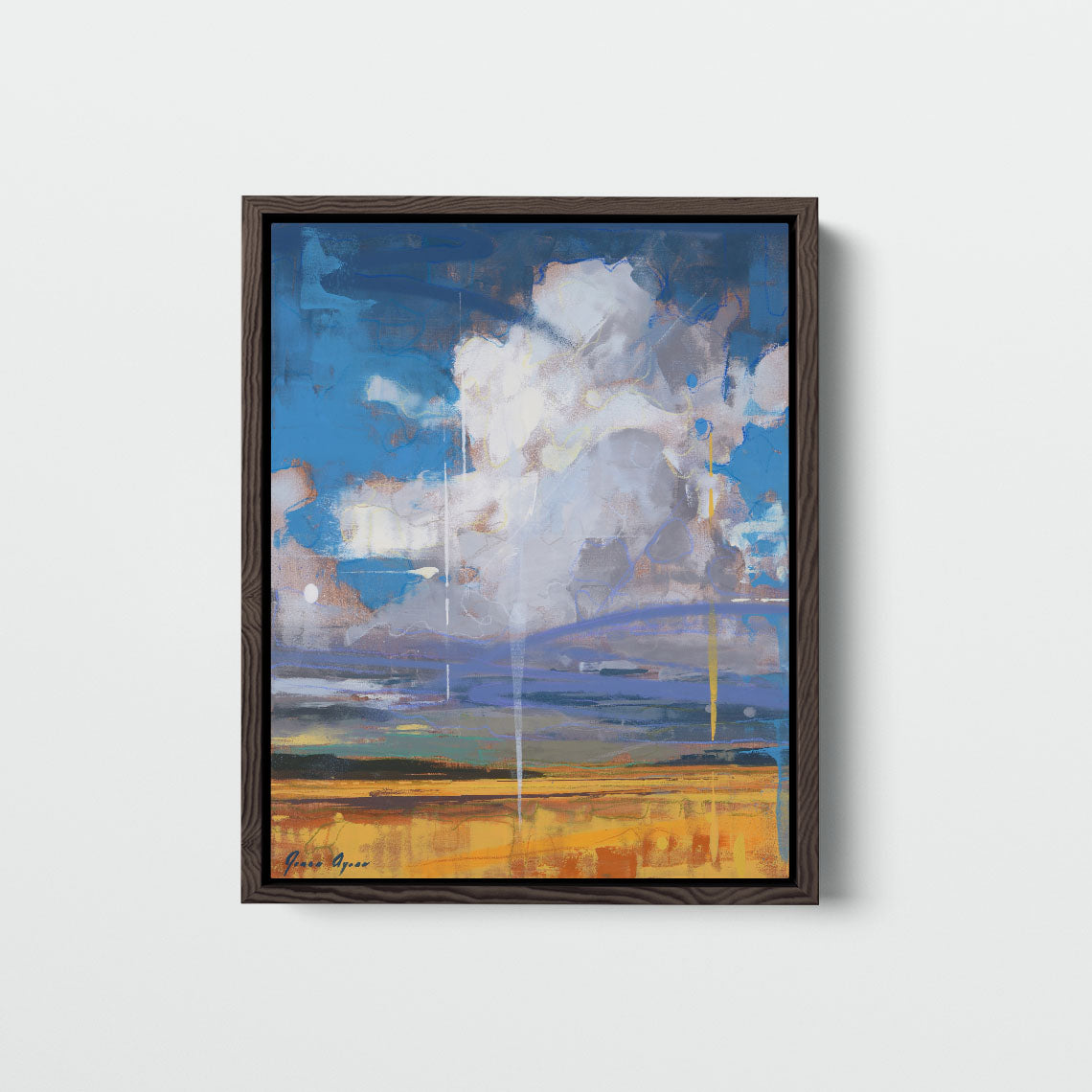 "Floating Over the Horizon" by James Ayers, a 20x16” cloudscape and prairie painting featuring billowing clouds over open plains, created with oil, spray paint, and crayon.