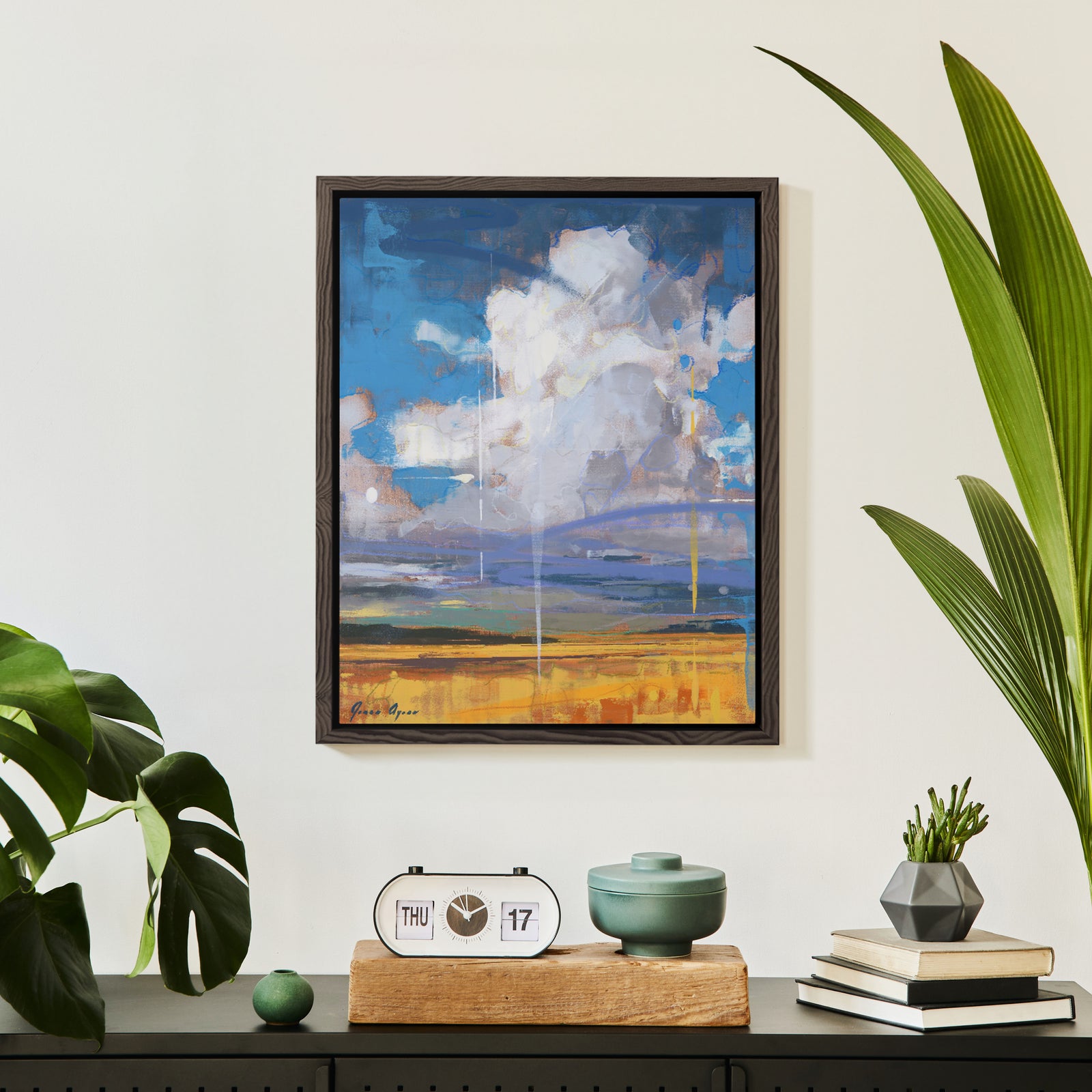 "Floating Over the Horizon" by James Ayers, a 20x16” cloudscape and prairie painting featuring billowing clouds over open plains, created with oil, spray paint, and crayon.