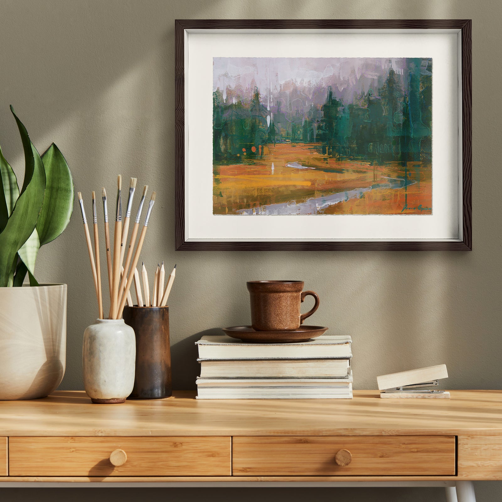 "Still Morning Mist" by James Ayers – a 10x14” misty landscape painting with foggy hills, soft sky, and peaceful earth tones.
