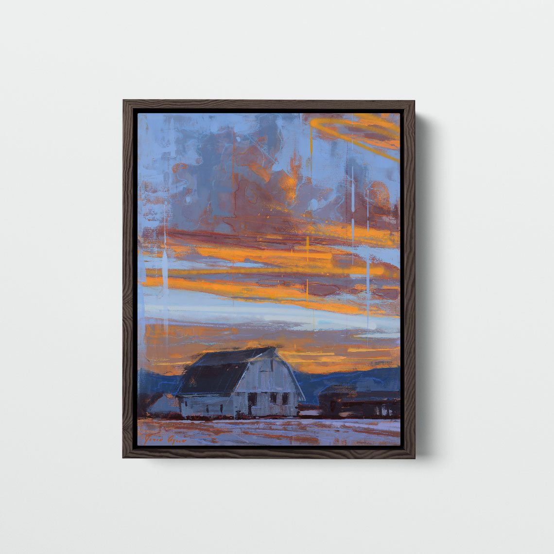 "The Snow Crunched Underfoot" by James Ayers, a 20x16” rural winter landscape painting featuring a barn under dramatic clouds and a glowing sunset.