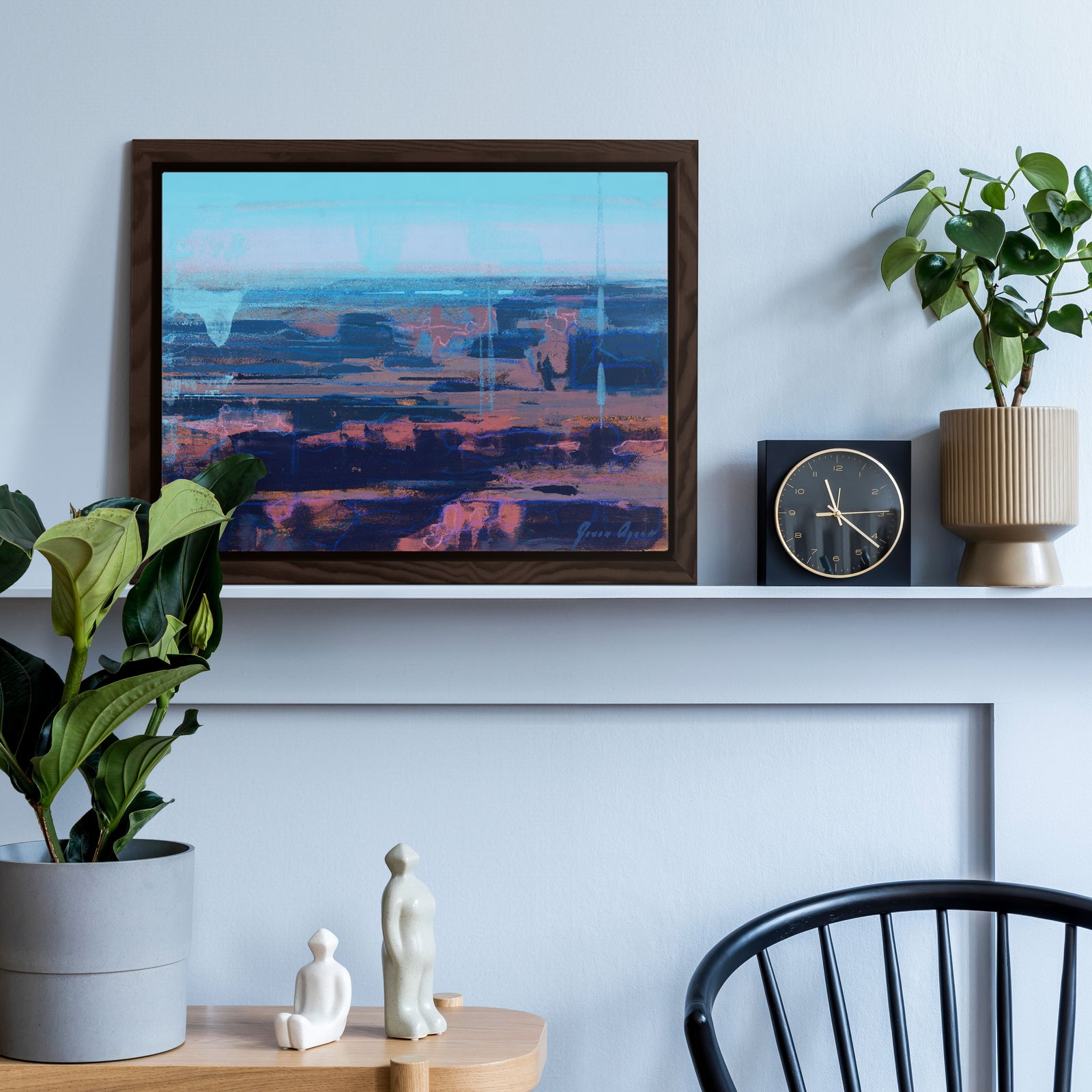 "Views Through Time" by James Ayers, a 9x12” Grand Canyon landscape painting featuring vast depth, expressive blues and pinks, and rich textures in oil, spray paint, and crayon.