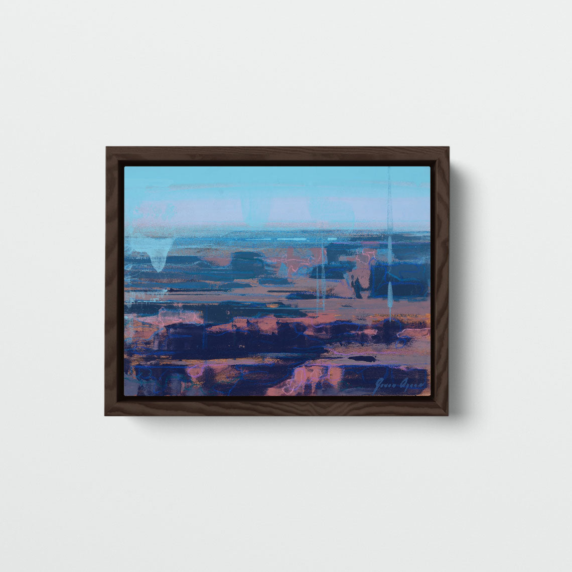 "Views Through Time" by James Ayers, a 9x12” Grand Canyon landscape painting featuring vast depth, expressive blues and pinks, and rich textures in oil, spray paint, and crayon.